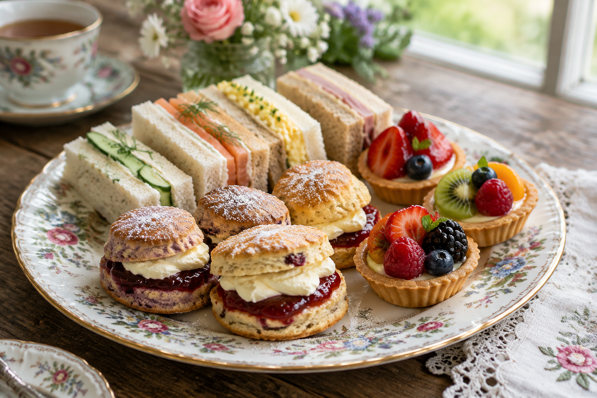 Elegant plate of tea party food with finger sandwiches, mini scones, and fruit tarts, showcasing tea party food ideas