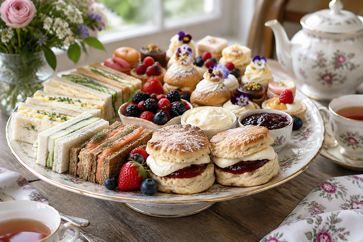 Assorted tea party food ideas including finger sandwiches, scones, and pastries on a rustic table