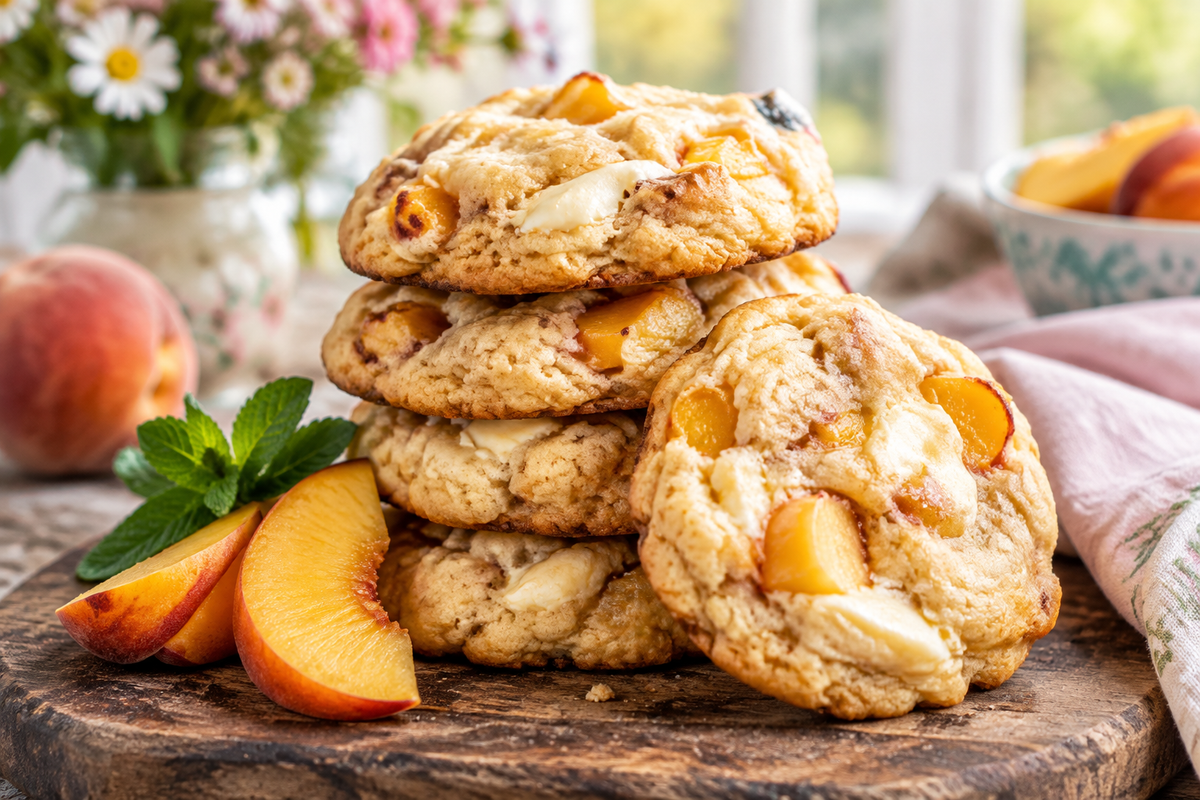 Tender and chewy peaches and cream cookies with fresh peach garnish and creamy texture