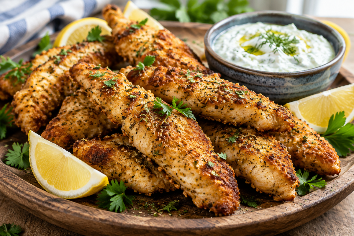 Tender and juicy Greek chicken tenders garnished with lemon and parsley, showcasing crispy golden texture