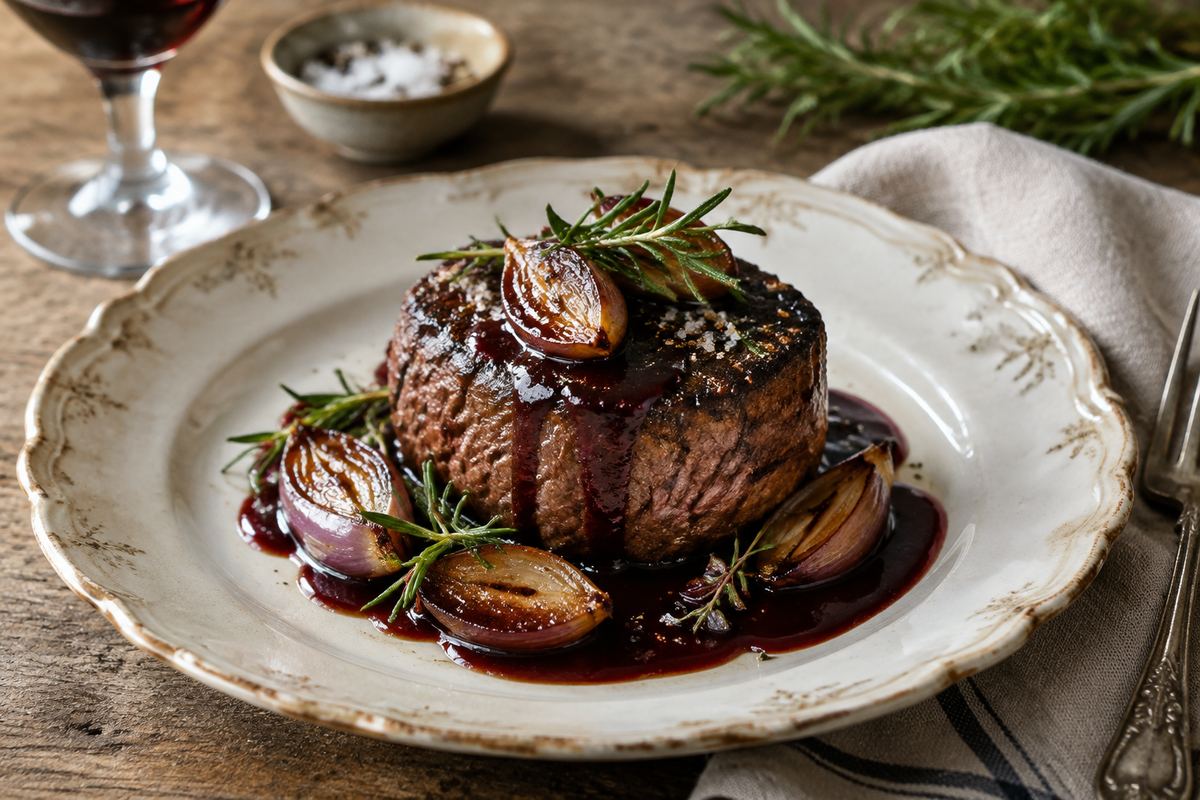 Tender oven-baked filet drizzled with rich red wine reduction sauce garnished with rosemary and shallots