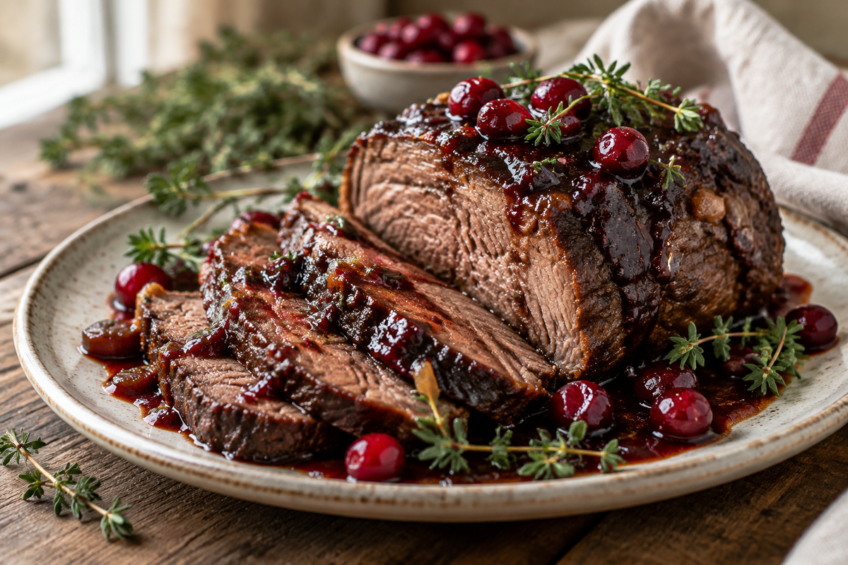 Tender slow-braised beef roast drizzled with sweet cranberry balsamic glaze on rustic plate