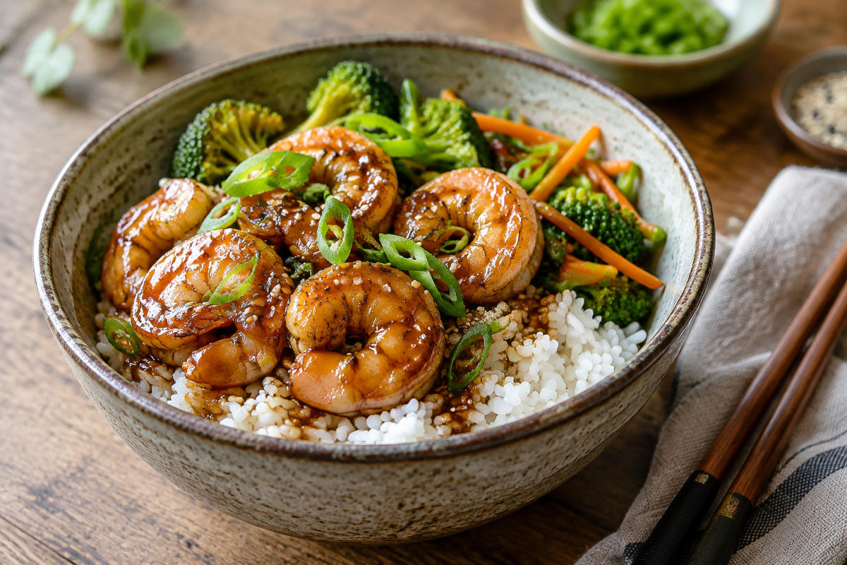 Teriyaki shrimp rice bowl with green onions and sesame seeds, fresh and flavorful teriyaki shrimp rice