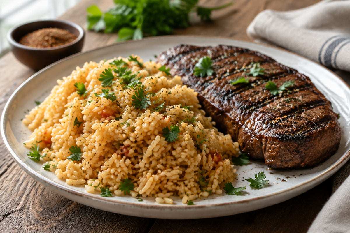 Texas Roadhouse seasoned rice served next to grilled steak garnished with parsley