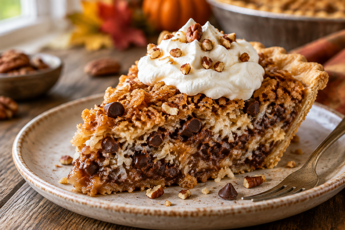 Texas Trash Pie with crunchy topping and pecans on rustic wooden surface, texas trash pie dessert