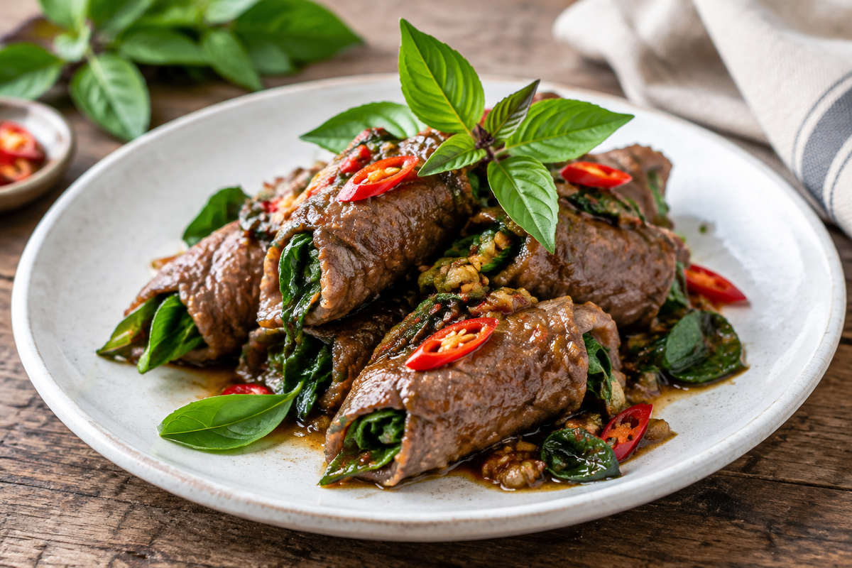 Fresh Thai basil beef rolls garnished with basil leaves and red chili, showcasing the flavorful dish