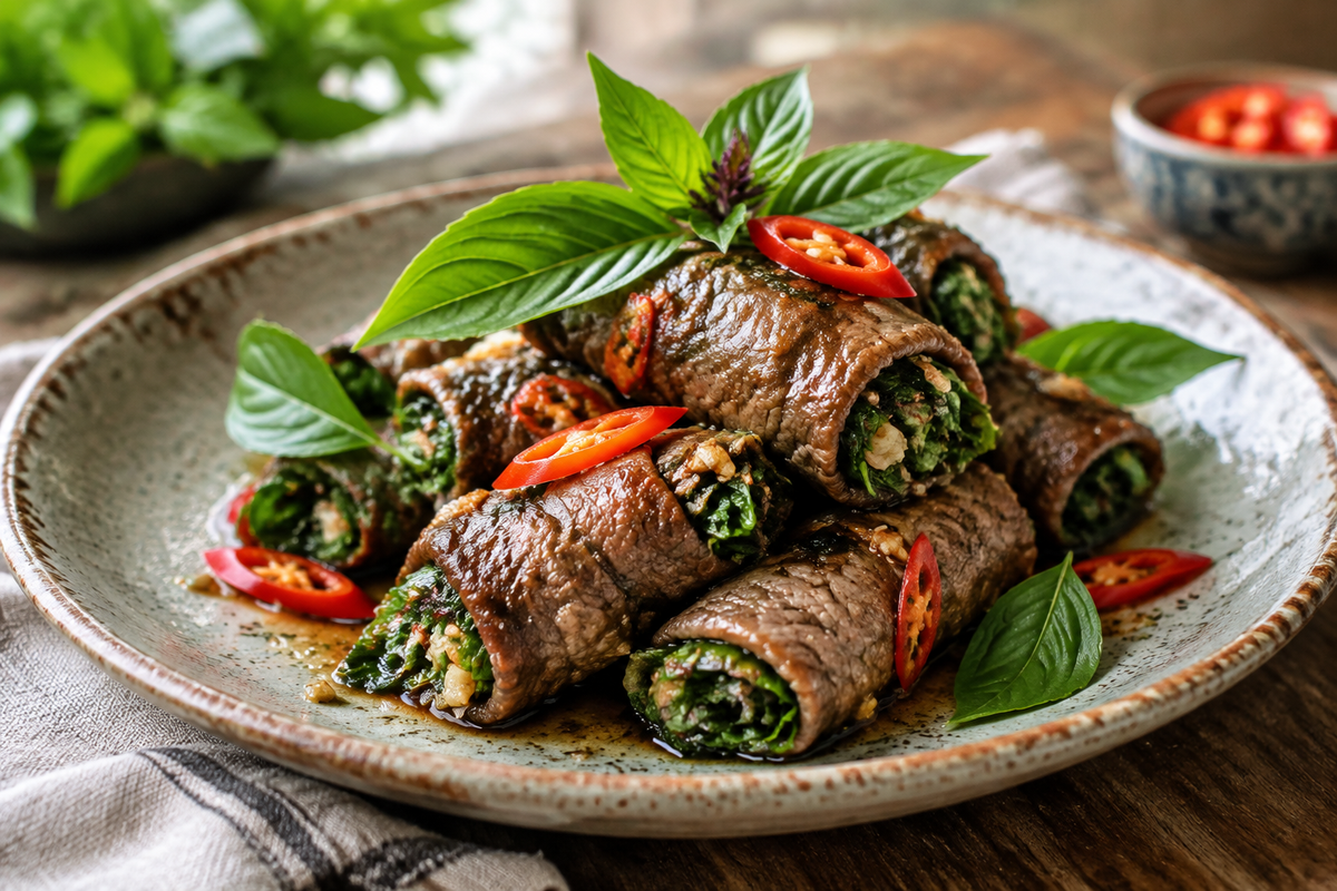 Fresh Thai basil beef rolls garnished with basil leaves and sliced chili peppers, showcasing vibrant colors and textures