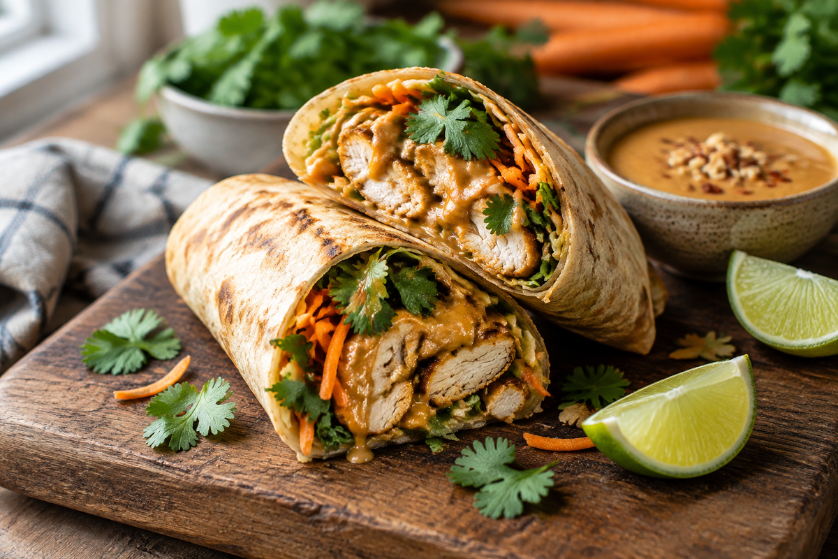 Thai peanut chicken wrap sliced open with creamy peanut sauce and fresh veggies, vibrant and appetizing