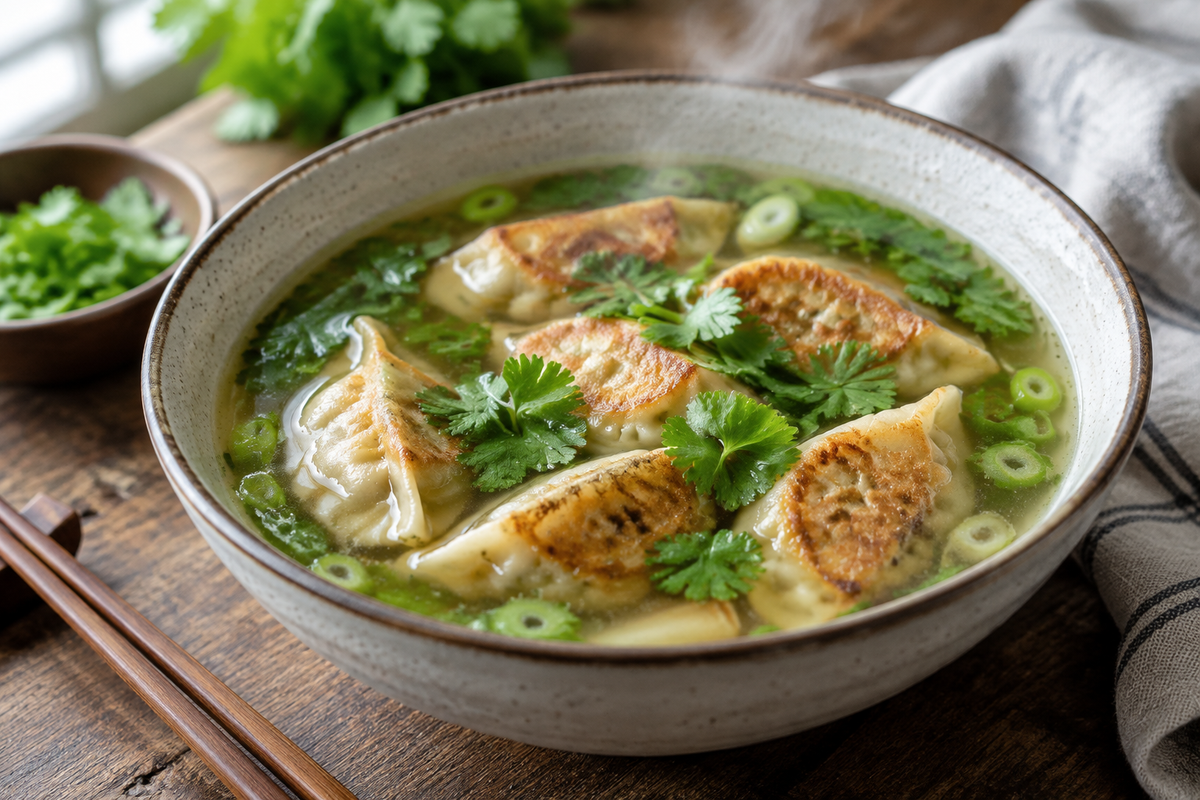 Bowl of Thai potsticker soup with golden potstickers and fresh herb garnish in clear broth