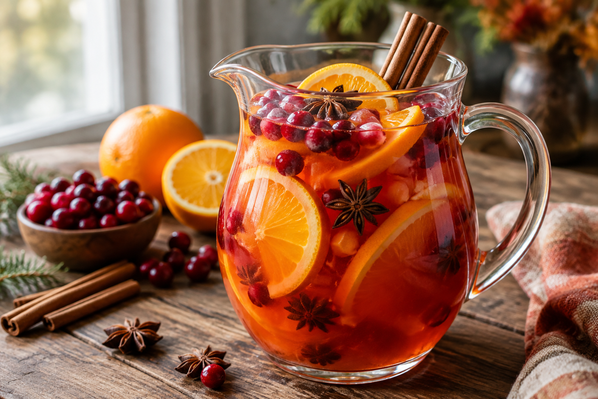 Thanksgiving big batch cocktails in a glass pitcher garnished with cranberries and cinnamon sticks