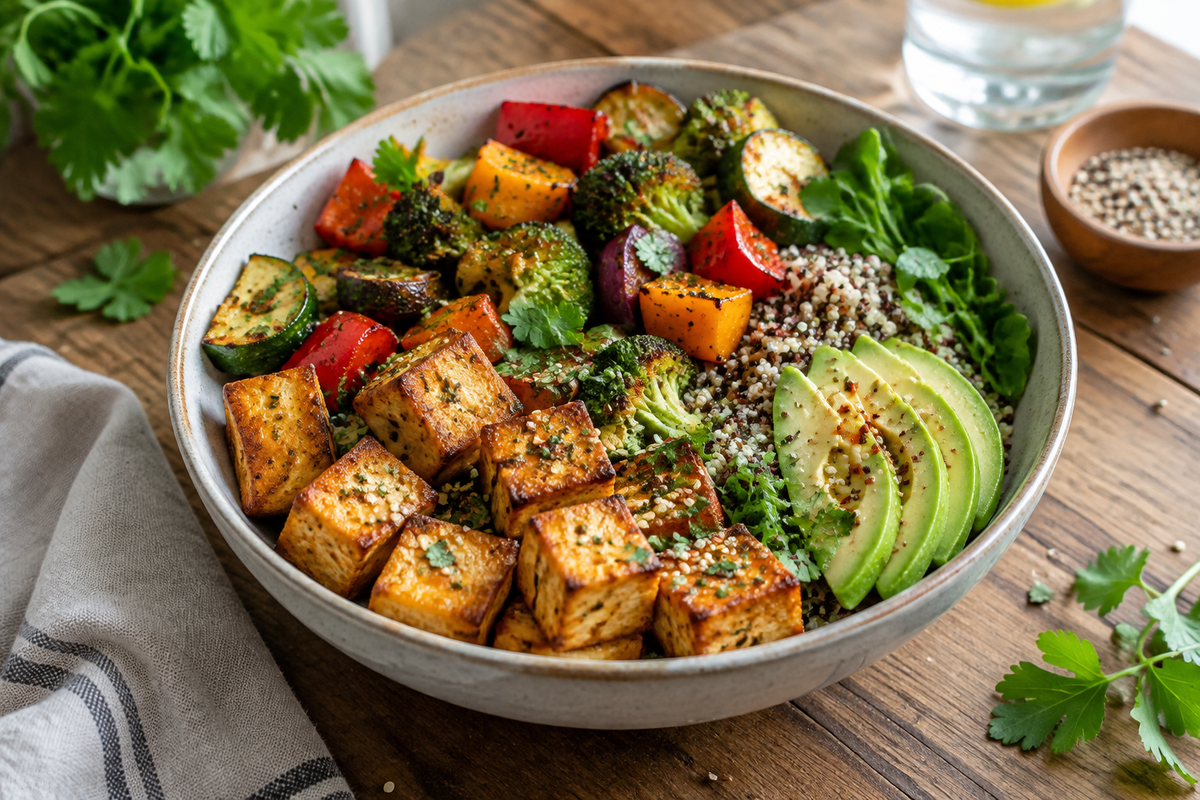 A bowl of tofu meal prep with crispy tofu and colorful roasted vegetables, showcasing tofu meal prep simplicity