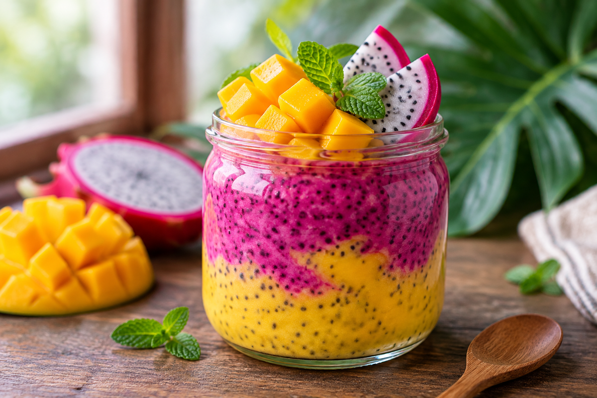 Tropical mango and dragon fruit chia pudding recipe served in a glass jar with fresh fruit garnish