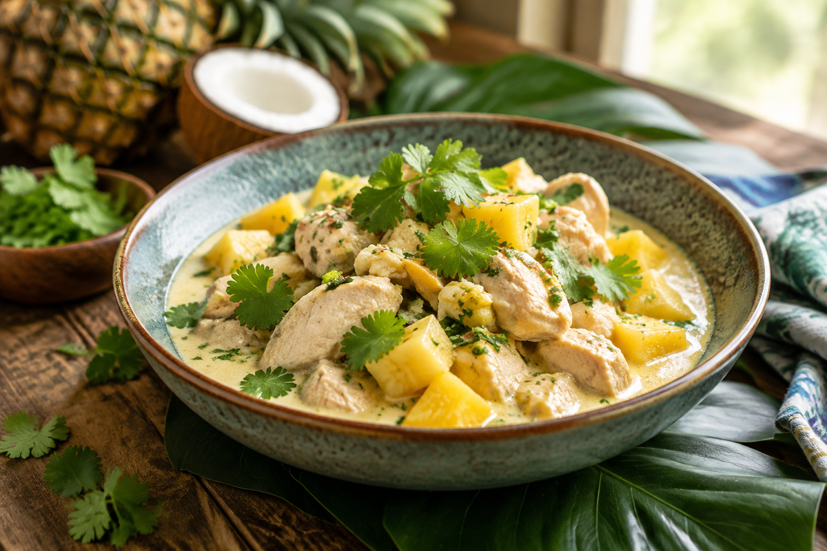Tropical coconut chicken with creamy sauce, pineapple chunks, and cilantro garnish on rustic table