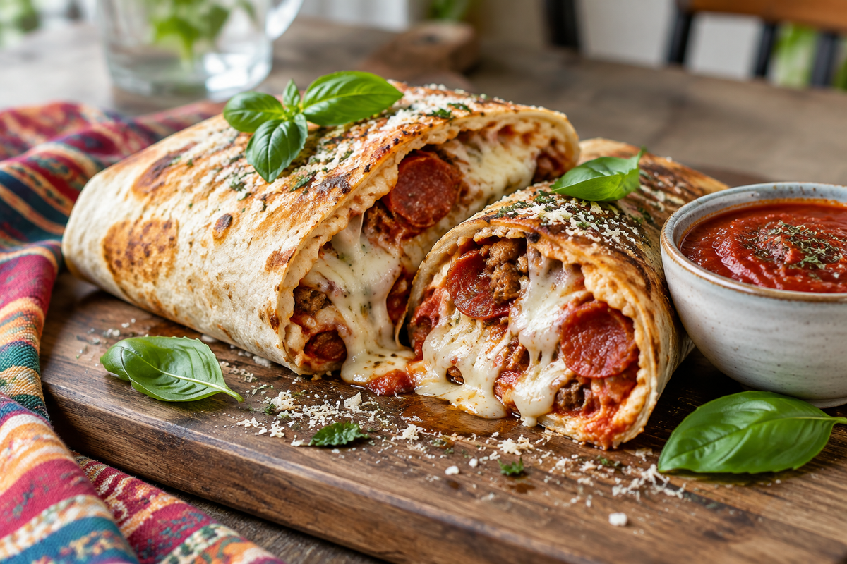 Close-up of sliced pizza burritos with melted cheese and pepperoni, garnished with basil