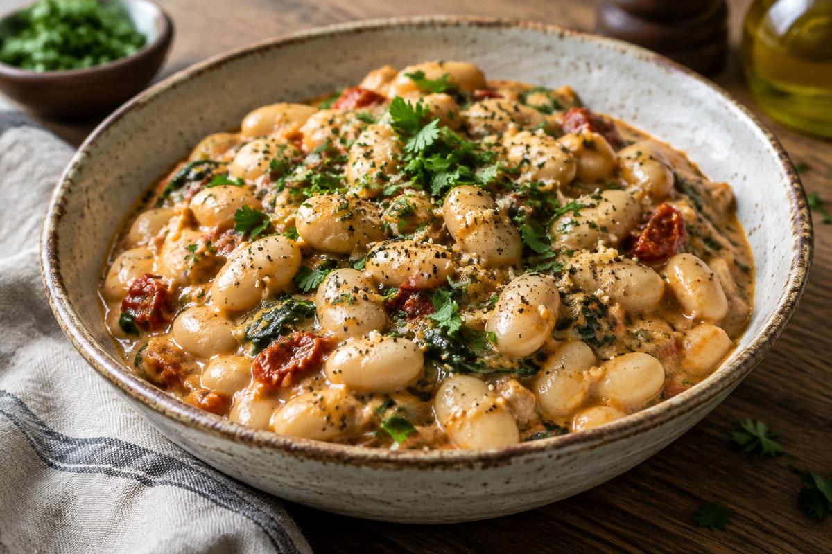 Creamy Tuscan Marry Me Butter Beans in rustic bowl garnished with parsley, showcasing the tuscan marry me butter beans dish