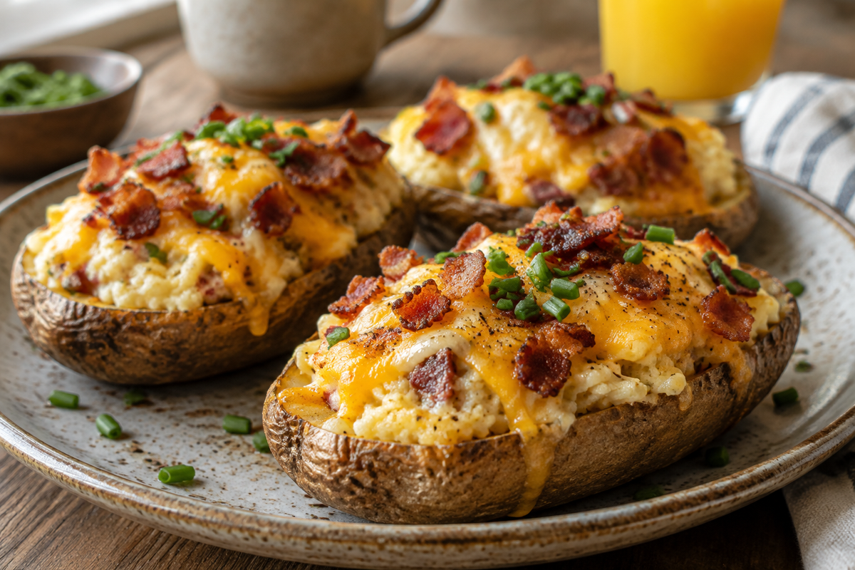 Twice baked breakfast potatoes topped with melted cheese, bacon, and chives on rustic plate