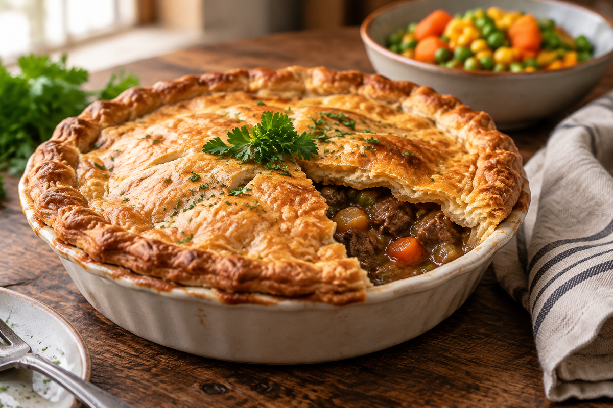 Ultimate beef pot pie with flaky crust and parsley garnish, classic beef pot pie comfort food
