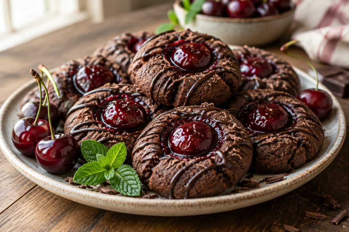 Plate of ultimate black forest thumbprint cookies with cherry jam and chocolate drizzle