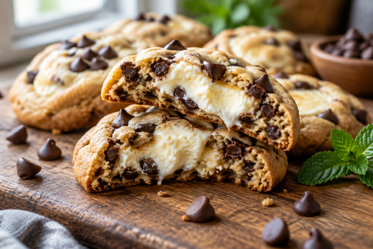 Cheesecake stuffed cookies with chocolate chips showing creamy filling, the ultimate cheesecake stuffed cookies dessert