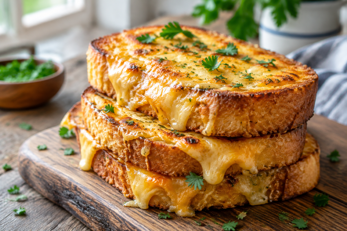 Ultimate cheesy texas toast with melted cheese and garlic butter on rustic wooden board