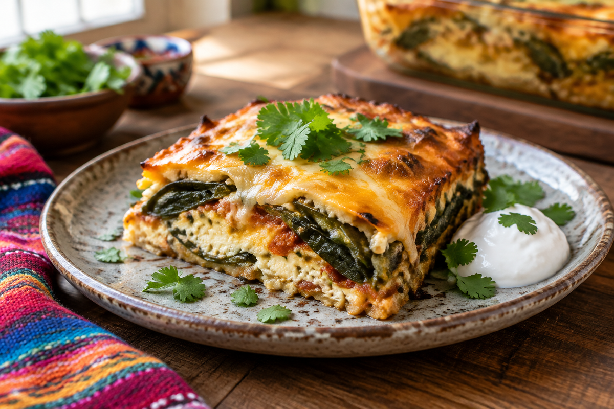 Close-up of a chile rellenos casserole slice with melted cheese and roasted peppers, garnished with cilantro