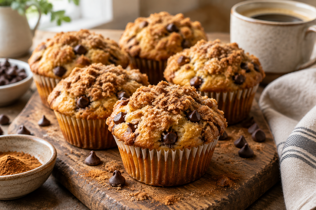 Freshly baked chocolate chip muffins with golden cinnamon crumb topping on rustic wooden board
