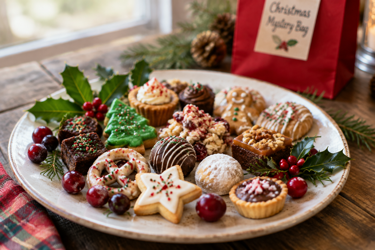 Appetizing Christmas mystery bag treats with festive garnishes on a rustic wooden surface