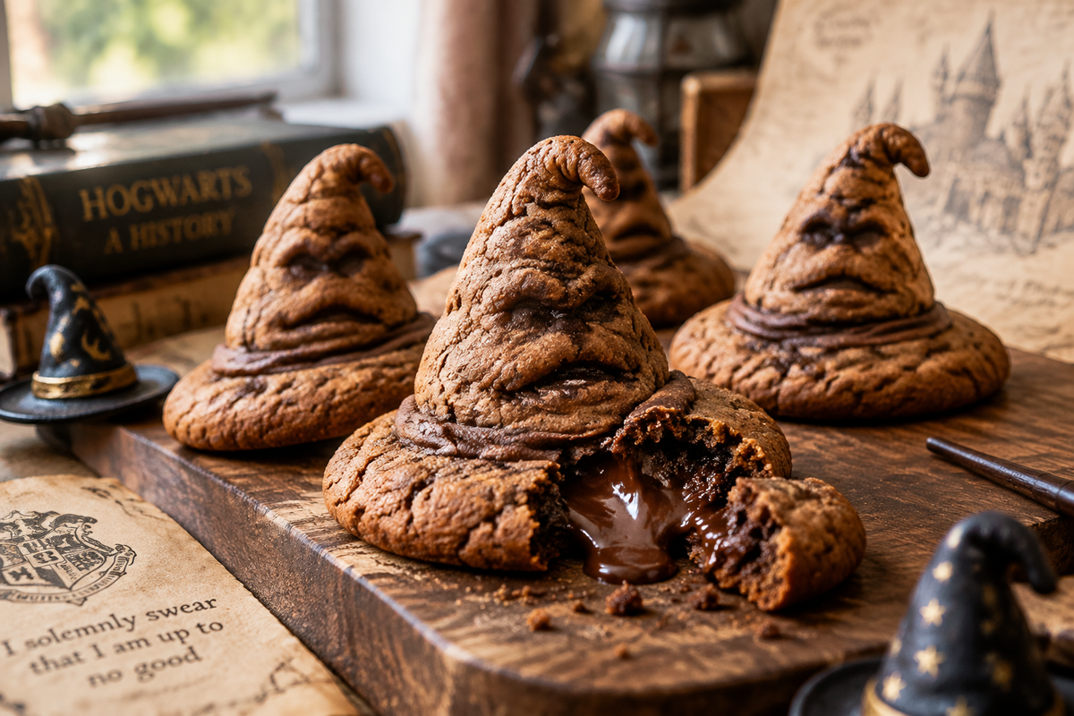 Ultimate Harry Potter sorting hat cookies with surprise center on rustic board