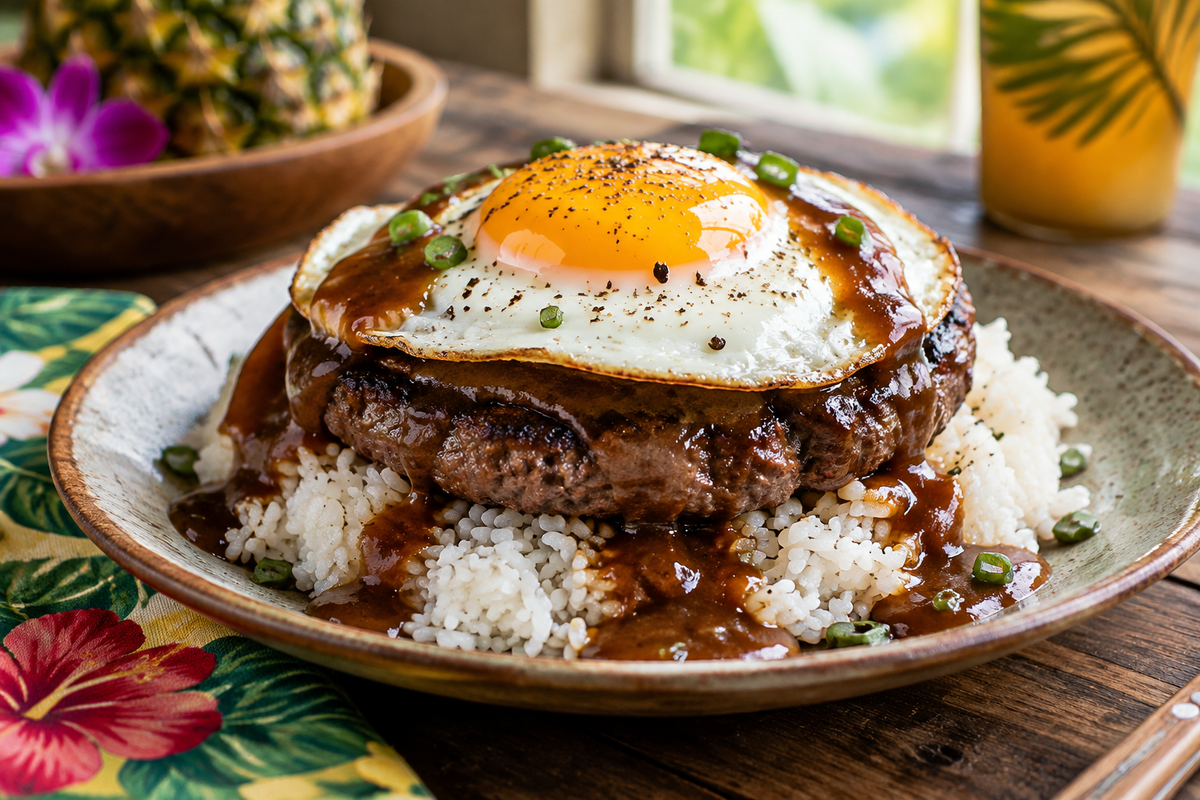 Plate of Hawaiian loco moco with beef patty, fried egg, brown gravy, and white rice, classic hawaiian loco moco dish