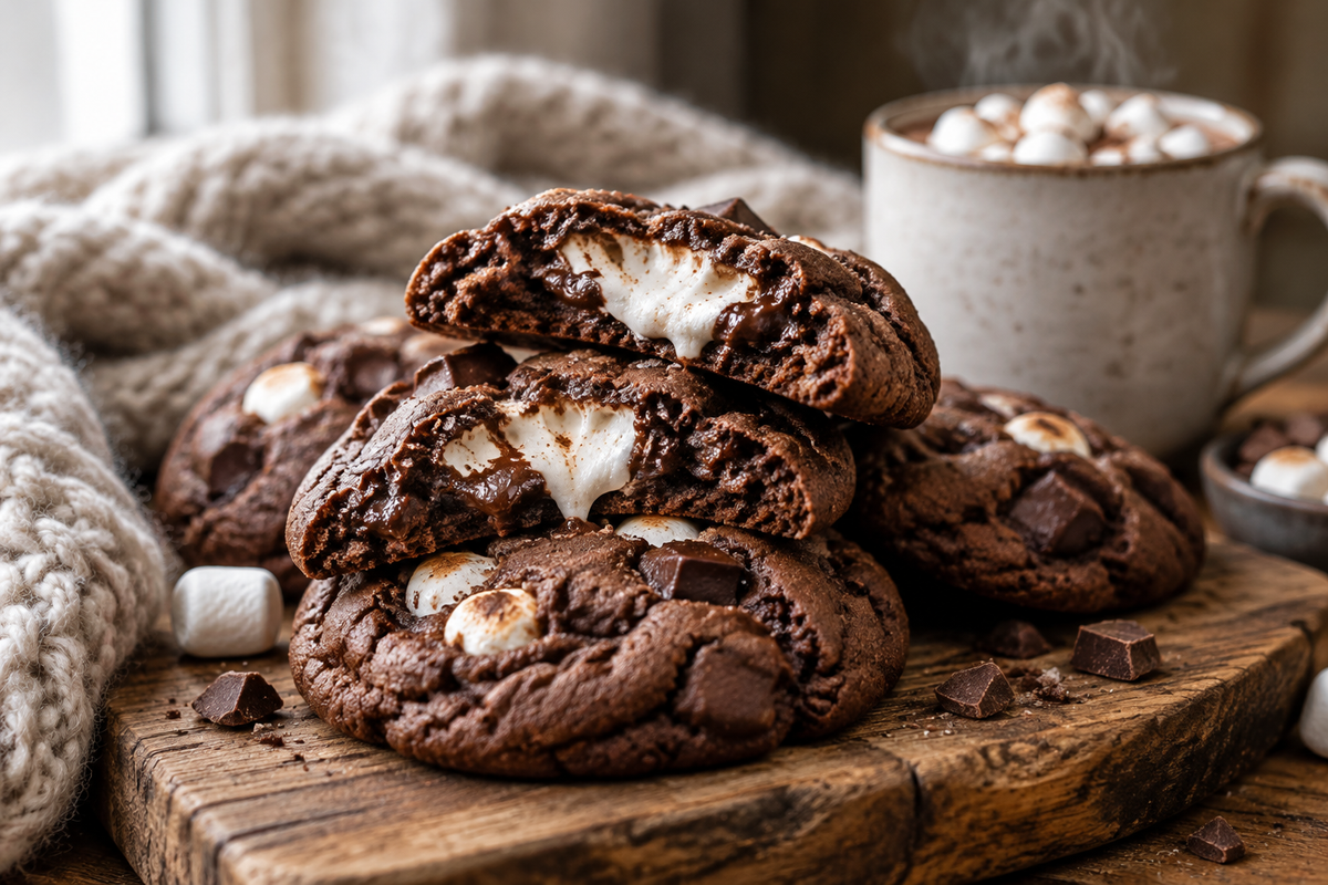 Ultimate hot chocolate cookies stacked on wooden board with marshmallows, showcasing hot chocolate cookies