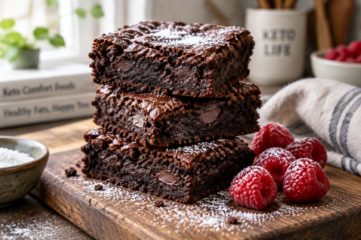 Fudgy and chewy keto brownie stack garnished with powdered erythritol and fresh raspberries, perfect keto brownie dessert