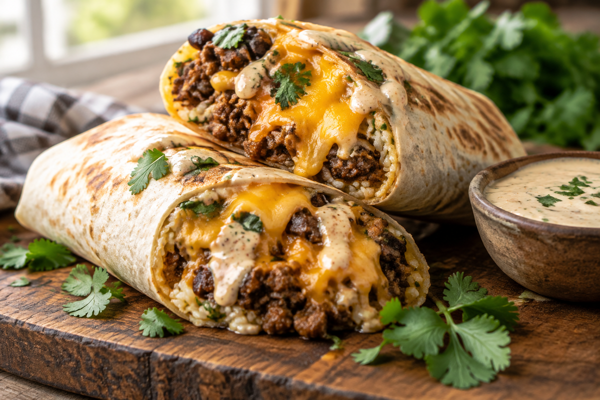 Ultimate loaded beef burritos with melted cheddar and creamy sauce garnished with fresh cilantro