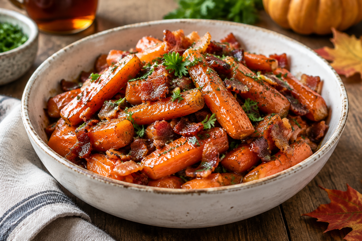 Glazed maple bacon carrots in rustic bowl with crispy bacon and parsley garnish