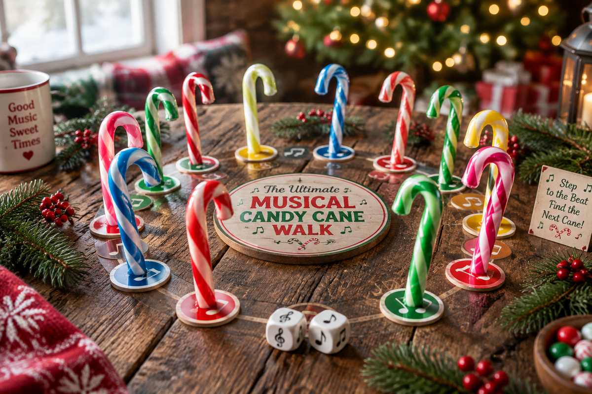Musical candy cane walk game setup with candy canes arranged in a circle and festive holiday decorations