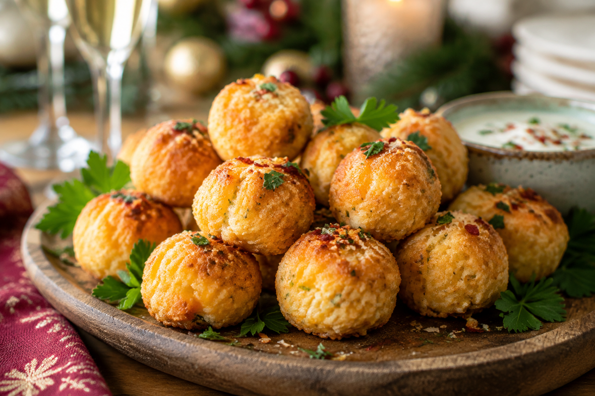 Golden mini cheese ball bites on rustic platter garnished with parsley and red pepper flakes, perfect mini cheese ball bites