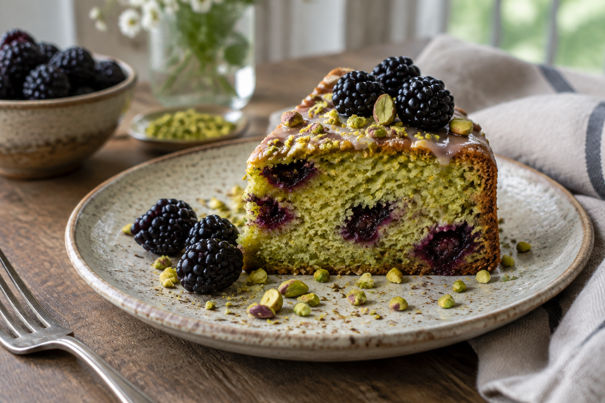 Slice of pistachio blackberry cake with olive oil garnished with fresh blackberries and crushed pistachios