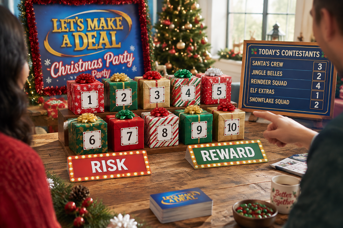 Let's Make a Deal risk reward game setup with festive wrapped boxes and scoreboard for Christmas party