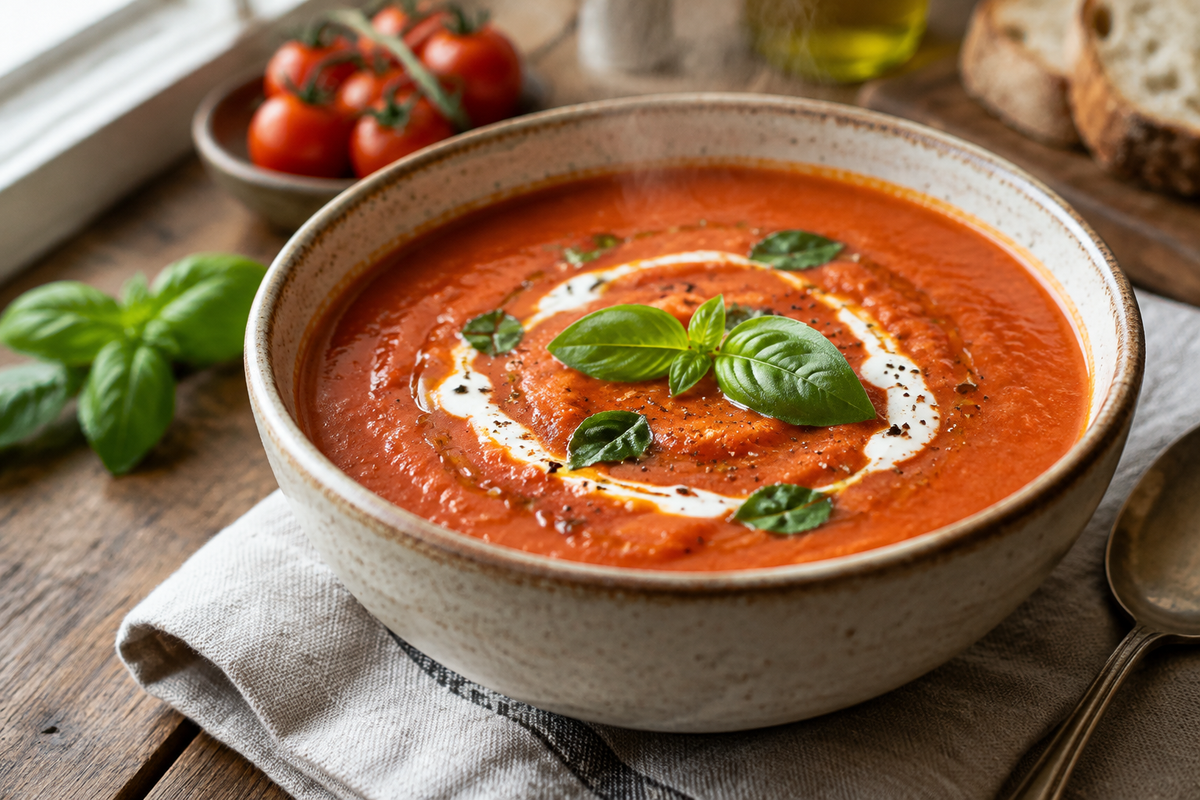 Bowl of roasted tomato soup garnished with basil and cream, showcasing rich texture