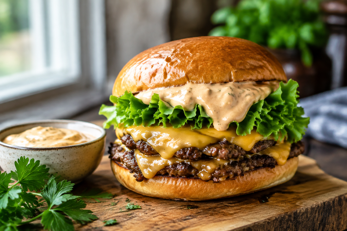 Juicy smash burger topped with creamy smash burger sauce and fresh lettuce, showcasing smash burger sauce