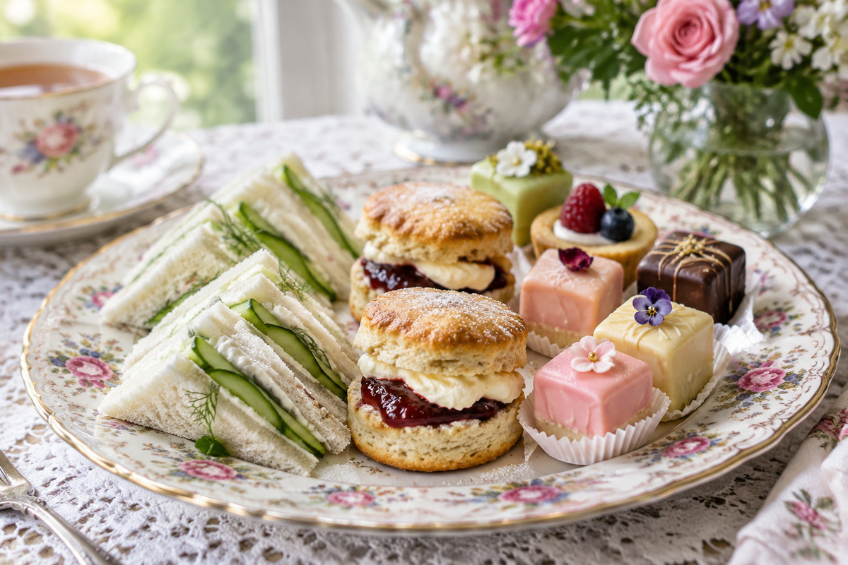 Plated assortment of ultimate tea party food ideas including cucumber sandwiches and scones with jam and cream