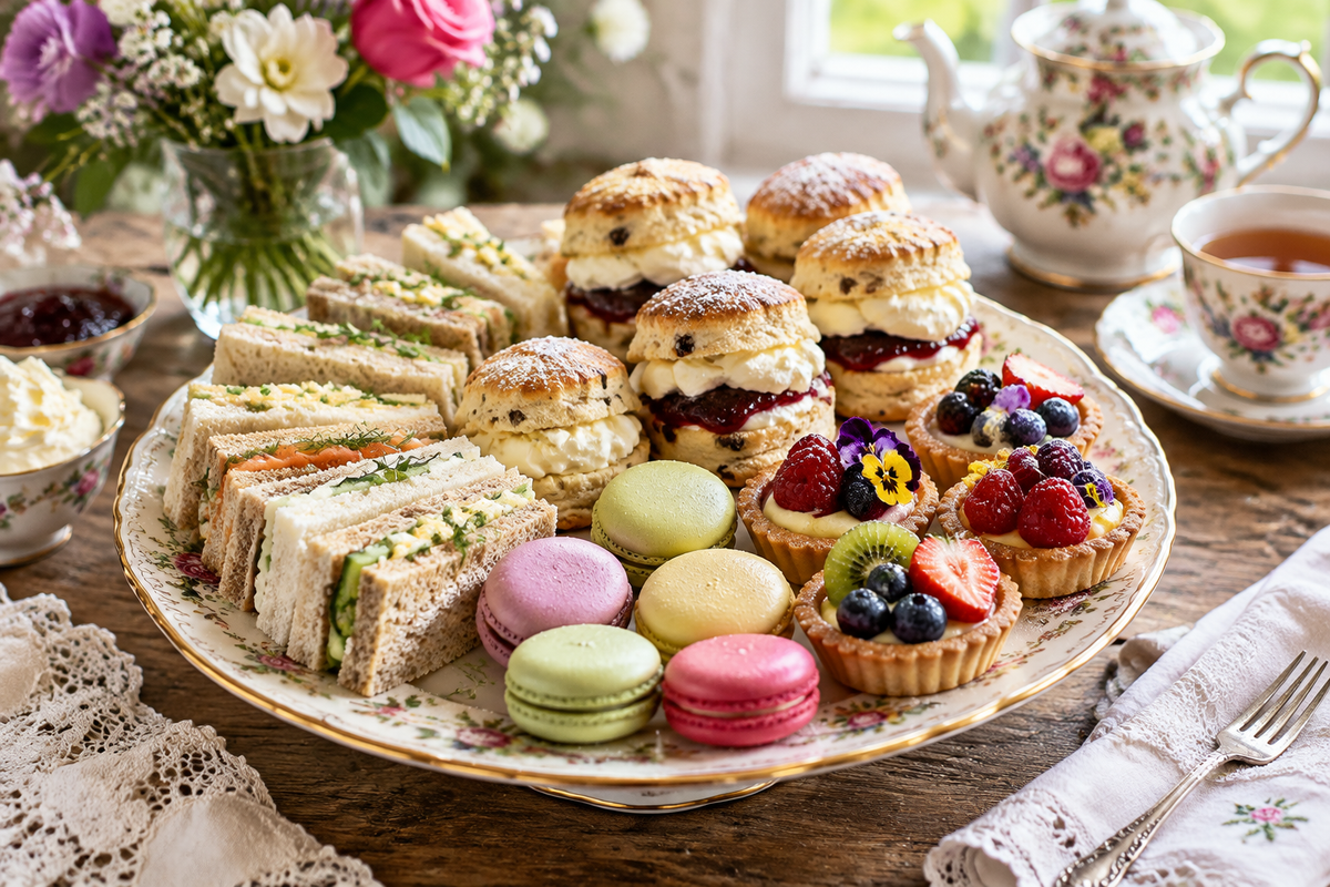 Platter of assorted tea party food ideas with finger sandwiches, scones, and macarons