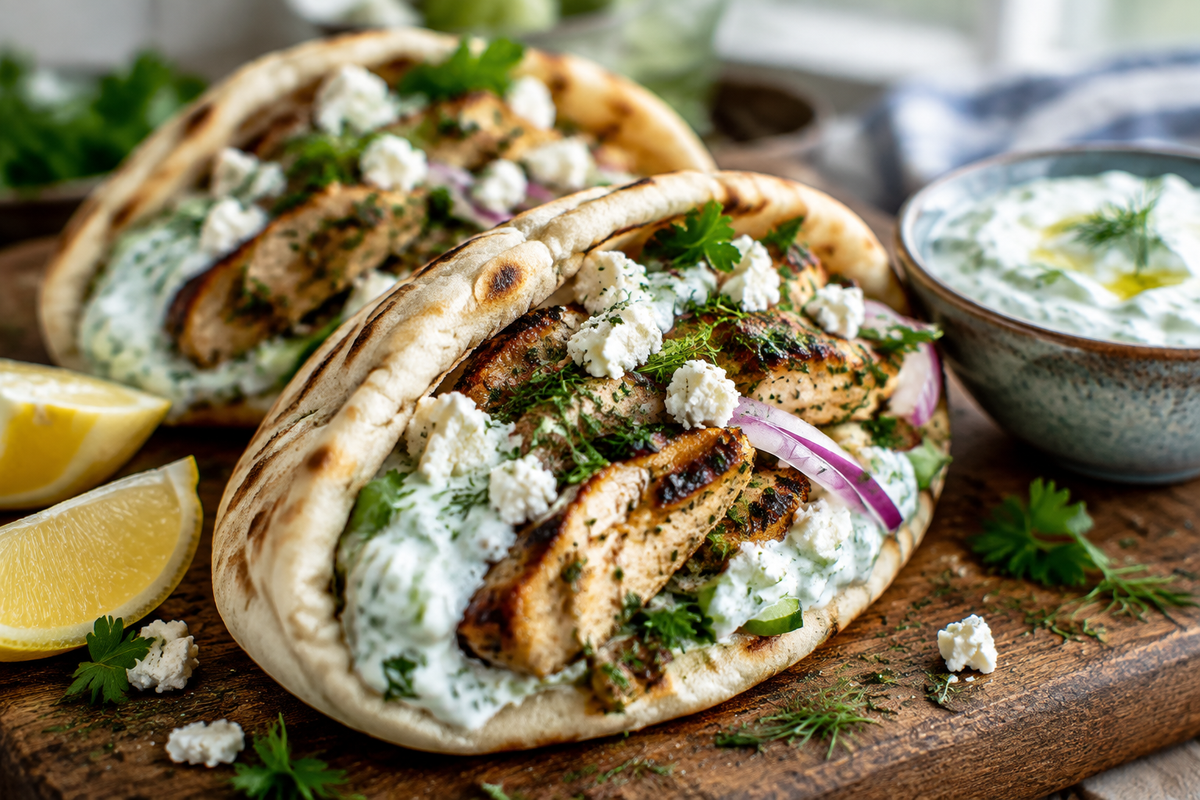 Unglaublich cremige Greek chicken pitas with tzatziki and feta on a rustic wooden board