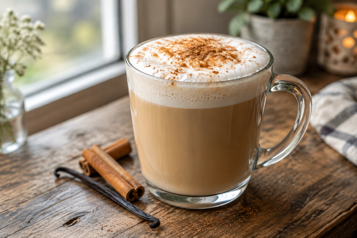 Vanilla cinnamon latte in clear glass mug with frothy milk and cinnamon garnish, cozy coffee recipe