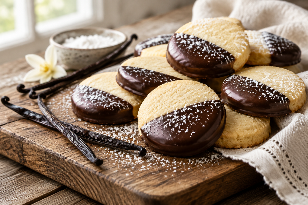 Elegant vanilla shortbread cookies dipped in chocolate on a rustic wooden board, vanilla shortbread cookies