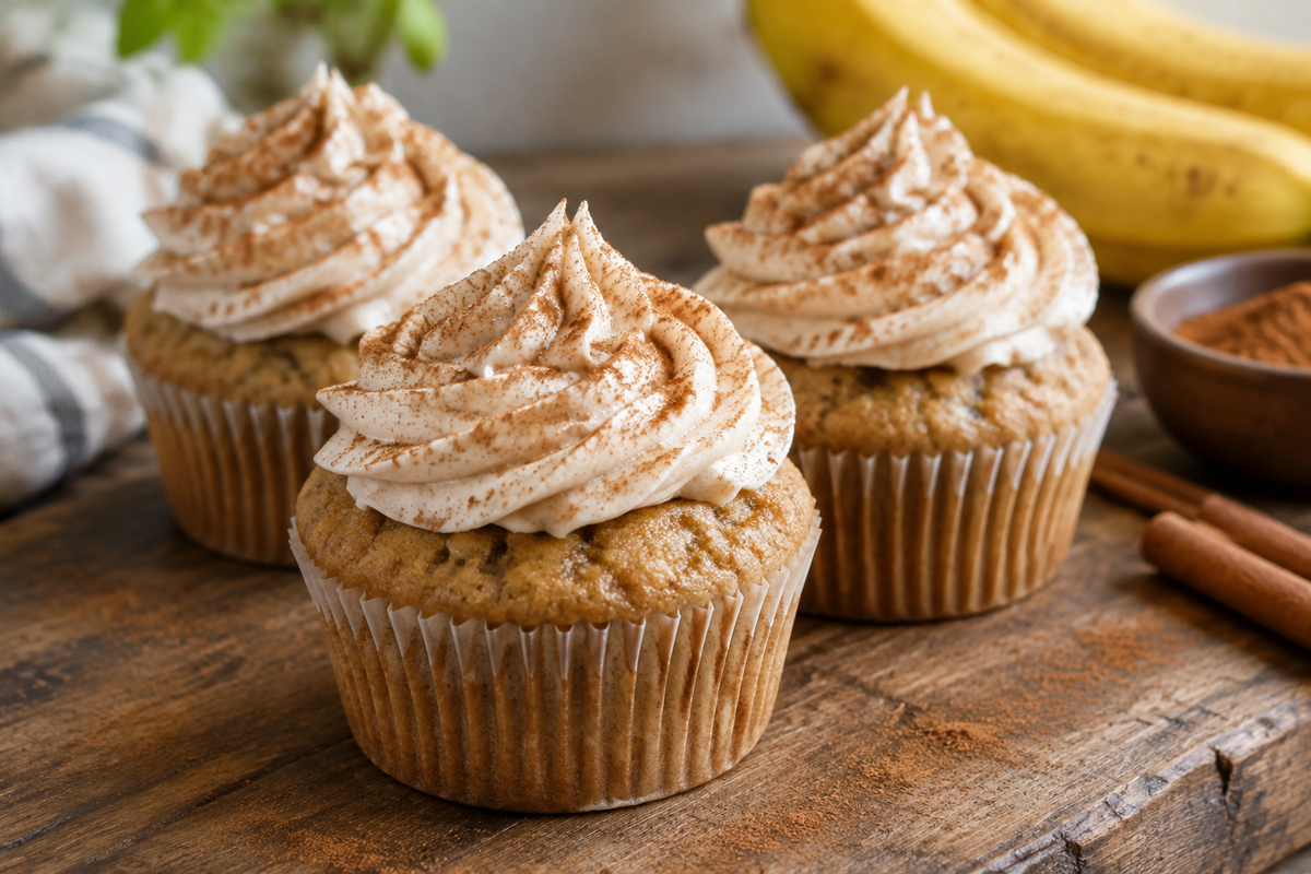 Vegan banana cupcakes topped with cinnamon buttercream frosting on rustic wooden surface