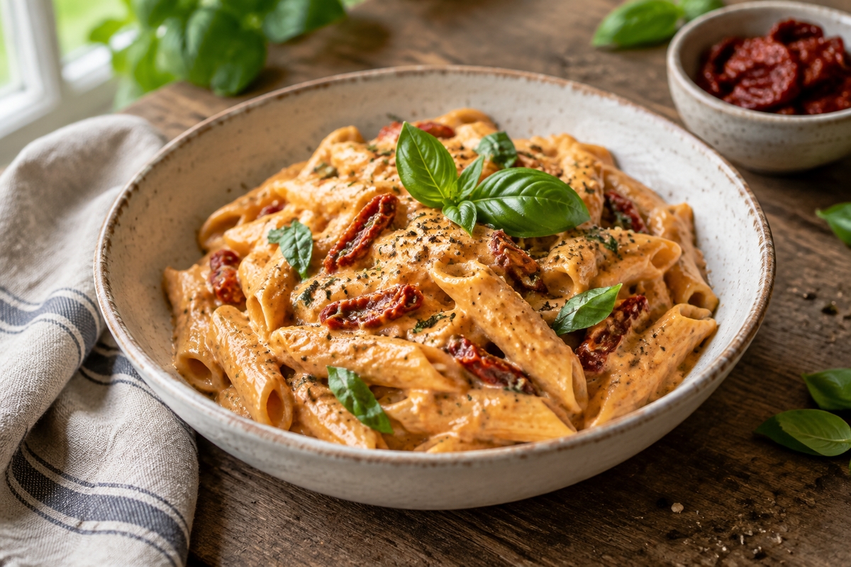 Vegan creamy pasta with sun-dried tomatoes garnished with fresh basil, dairy-free and gluten-free