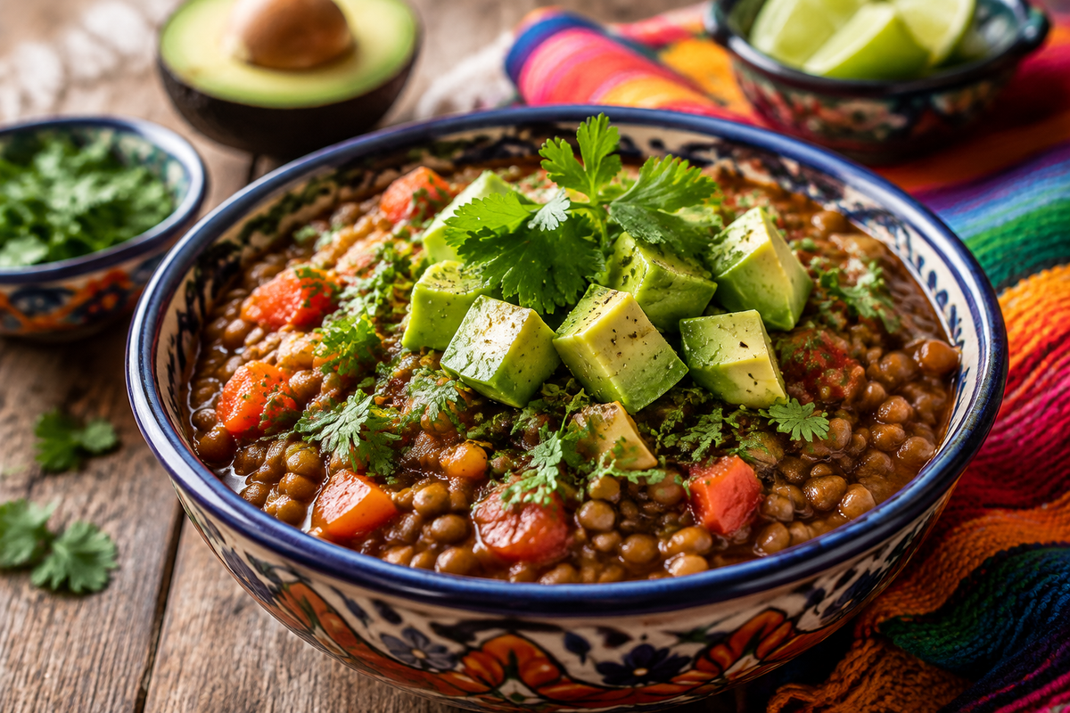 Bowl of vegetarian Mexican lentils garnished with cilantro and avocado showcasing vegetarian mexican lentils
