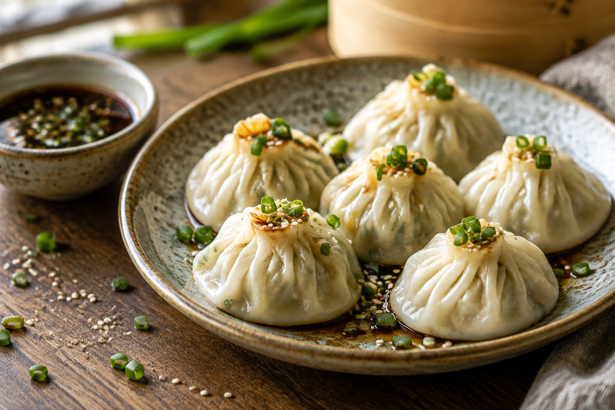 Steamed vegetarian soup dumplings with vegetable filling and green onion garnish on a plate
