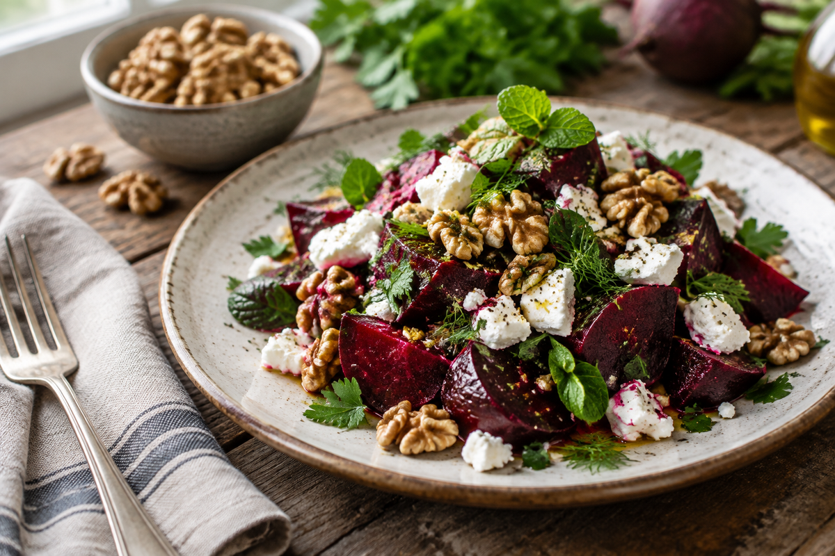 Vibrant beet salad with feta and crunchy walnuts on rustic wooden table, fresh and colorful beet salad