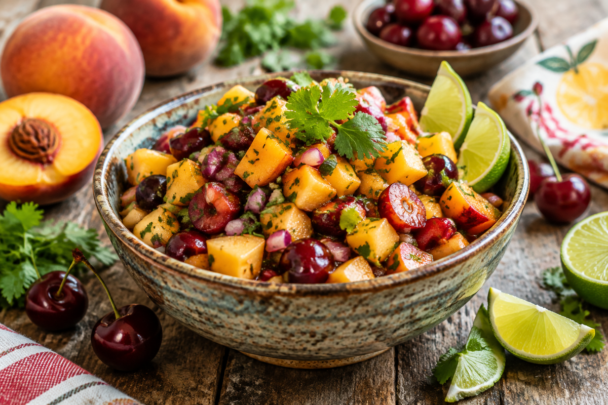 Vibrant peach cherry salsa in rustic bowl garnished with cilantro and lime wedges, showcasing fresh summer flavors